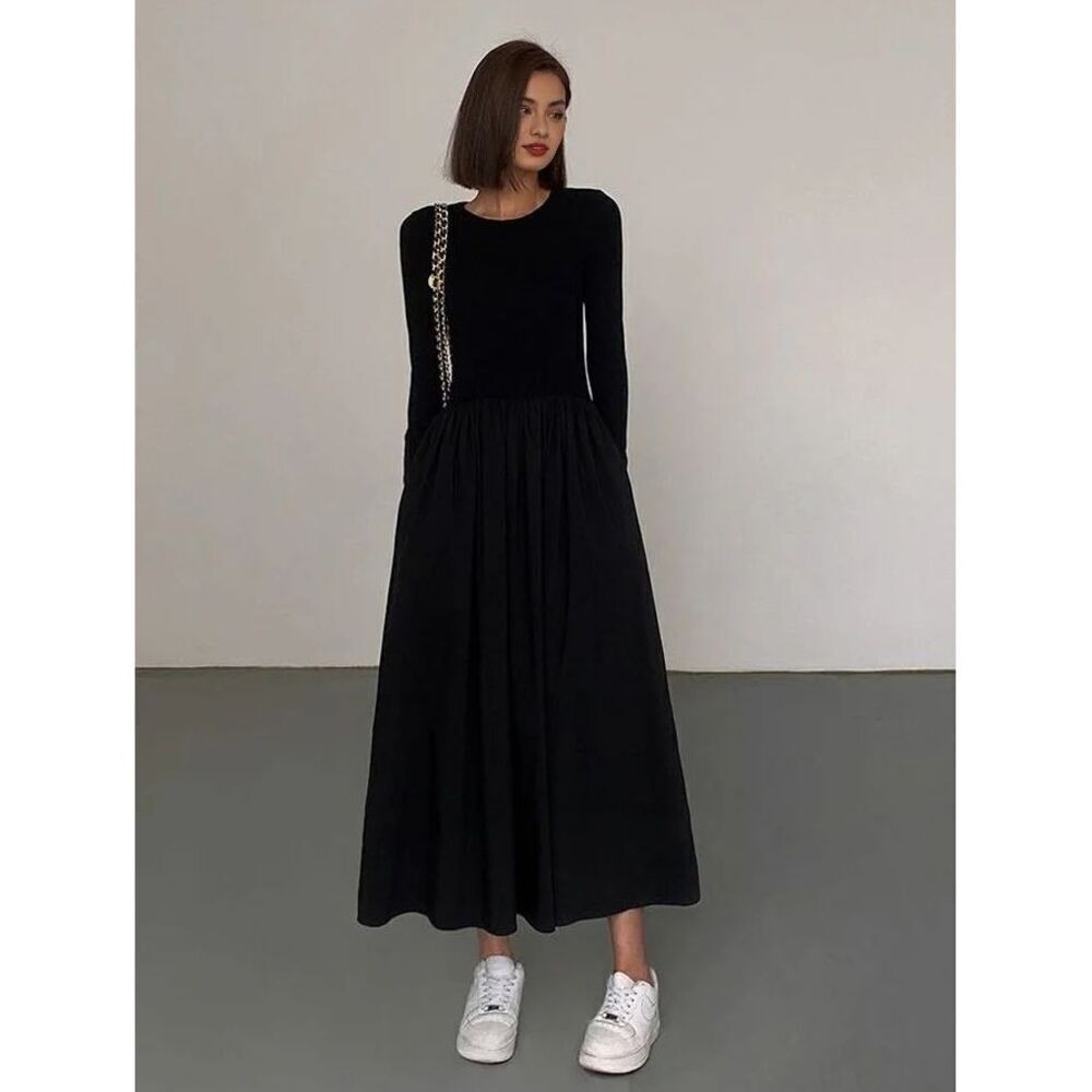 COMMENSE Black Long Sleeve Maxi Dress Pockets Casual Minimalist US 8-10 L NWT
